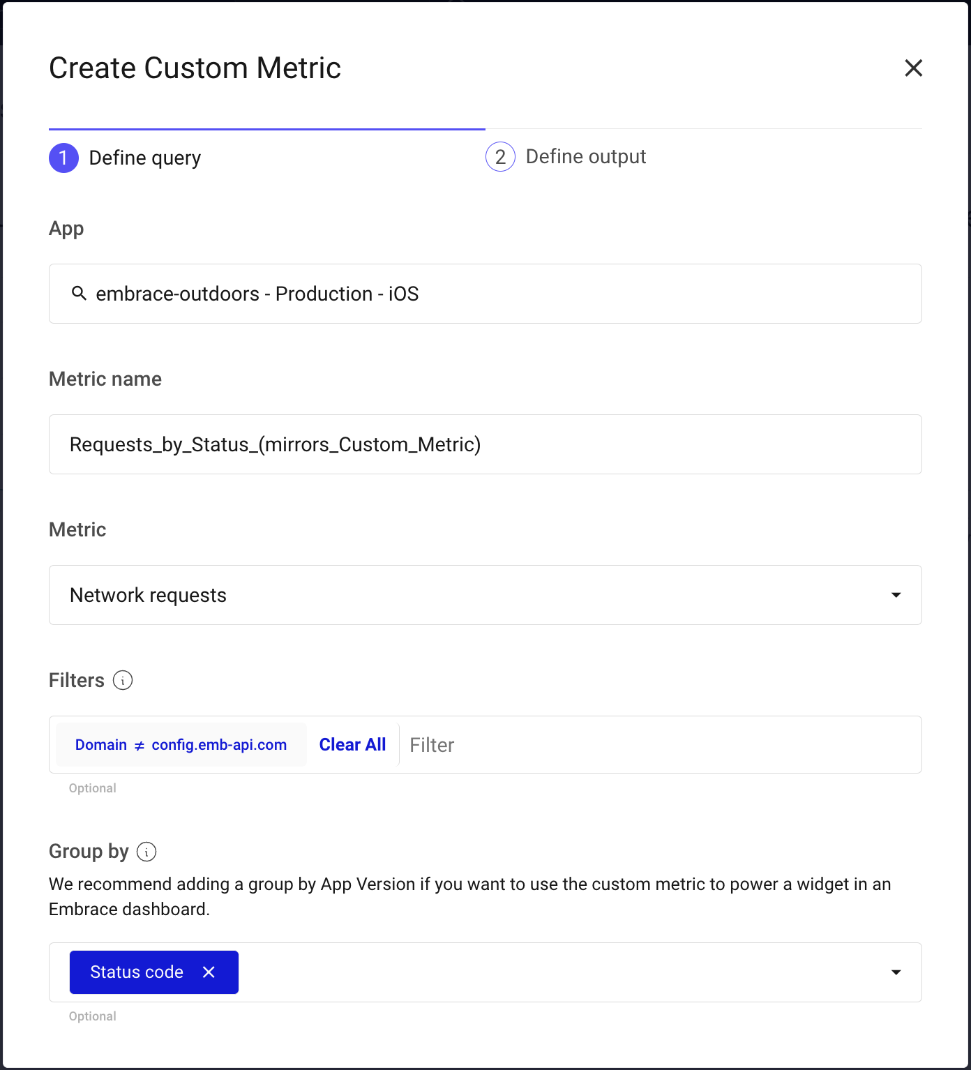 Screenshot of custom metrics pre-filled form